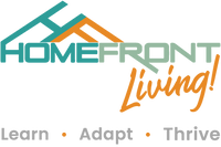 Logo of Homefront Living with a roof design above the text on a white background.