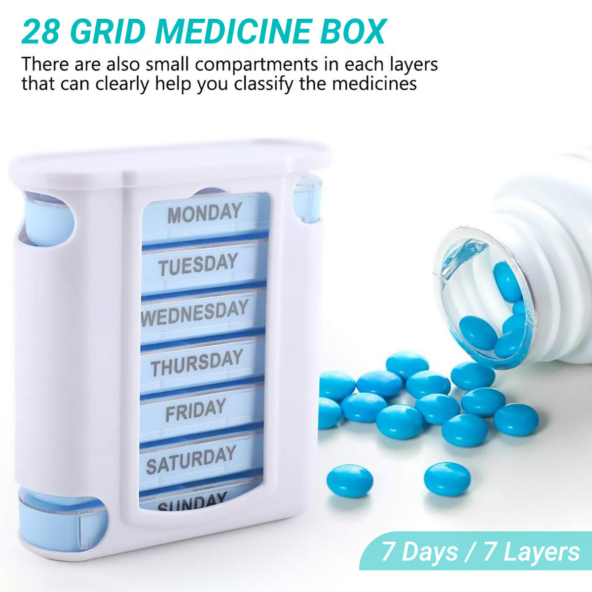 Seven (7) Day Pill Box, Weekly Medication Organiser (White & Blue)